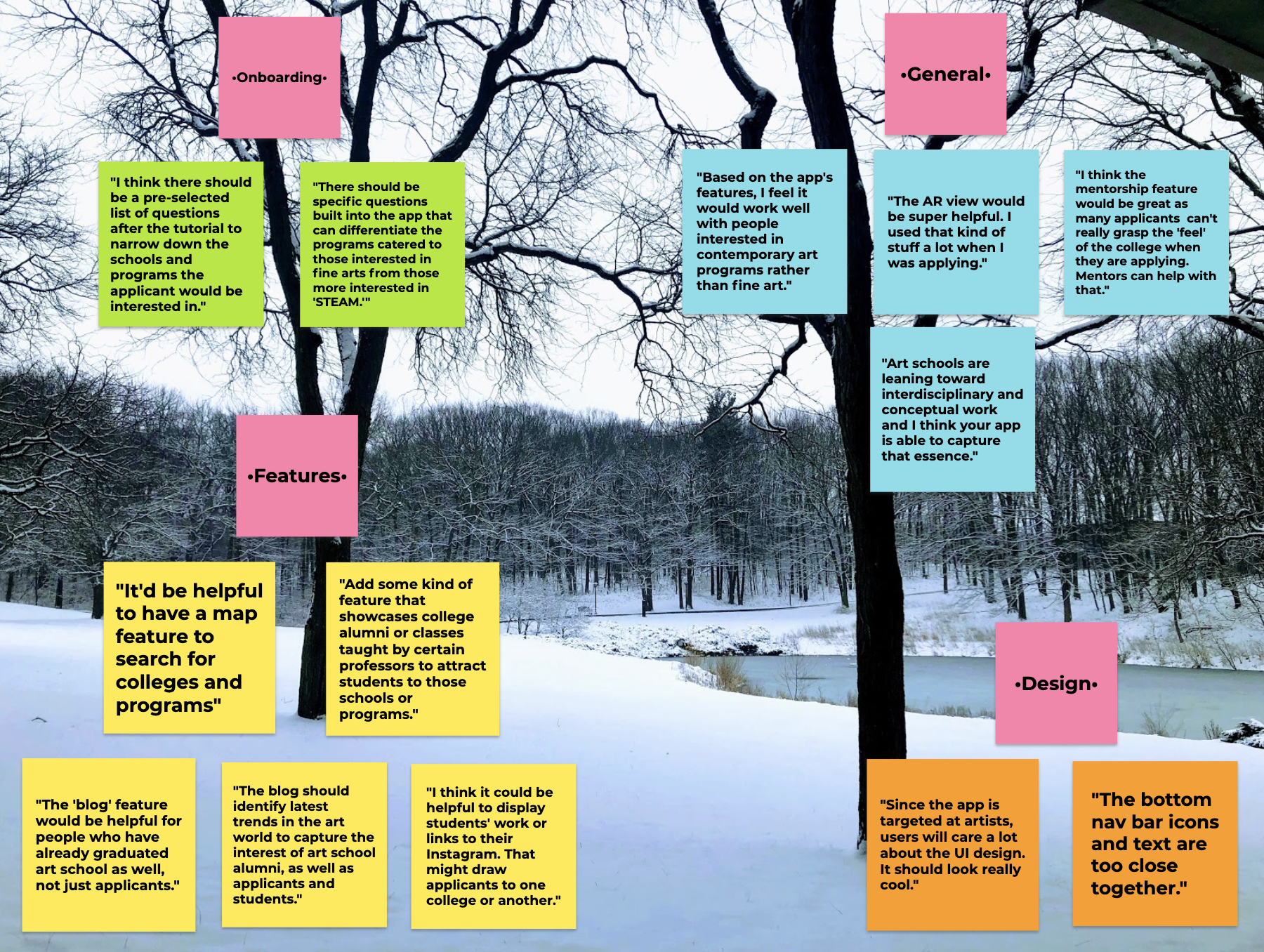 Affinity diagram against snowy Michigan photograph, based on Find My Art School user research insights