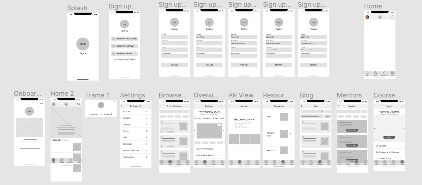 Find My Art School digital wireframes